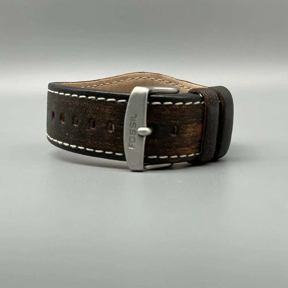 Fossil JR-8130 Mens Watch 25mm Silver Dial Brown Leather Bund Date New Battery
